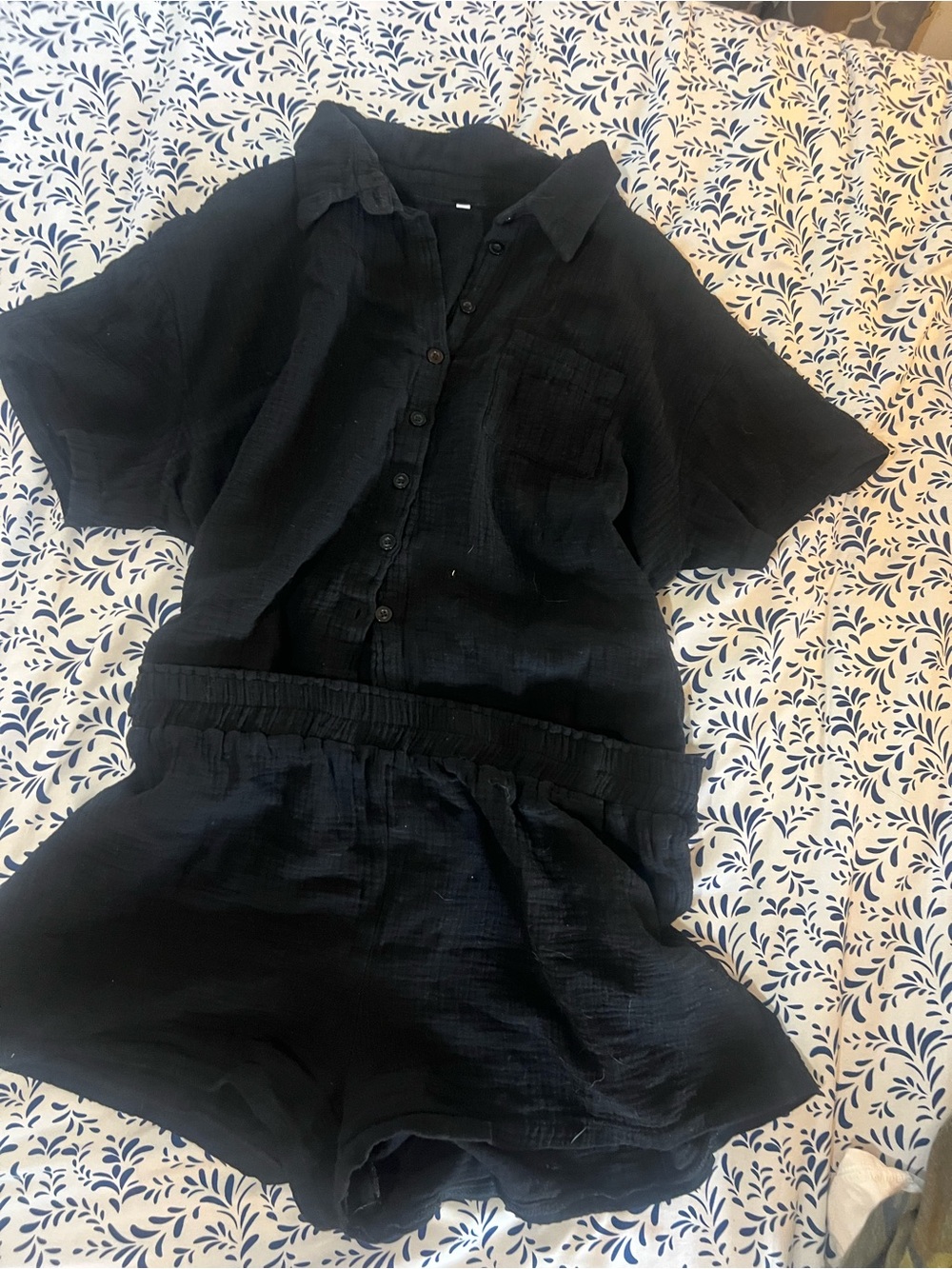 Black Button-Up Short Set - Lightweight Summer Loungewear